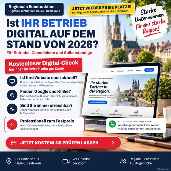 Regionale Aktion Halle und Saalekreis: Ist Ihr Betrieb digital auf dem Stand von 2026? Kostenloser Digital-Check: Website aktuell, gefunden bei Google und KI, immer erreichbar. Professionell zum Festpreis.